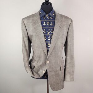 Hart Schaffner Marx Blazer Mens 46L Gray Plaid Silfino Silk Sport Coat Classic